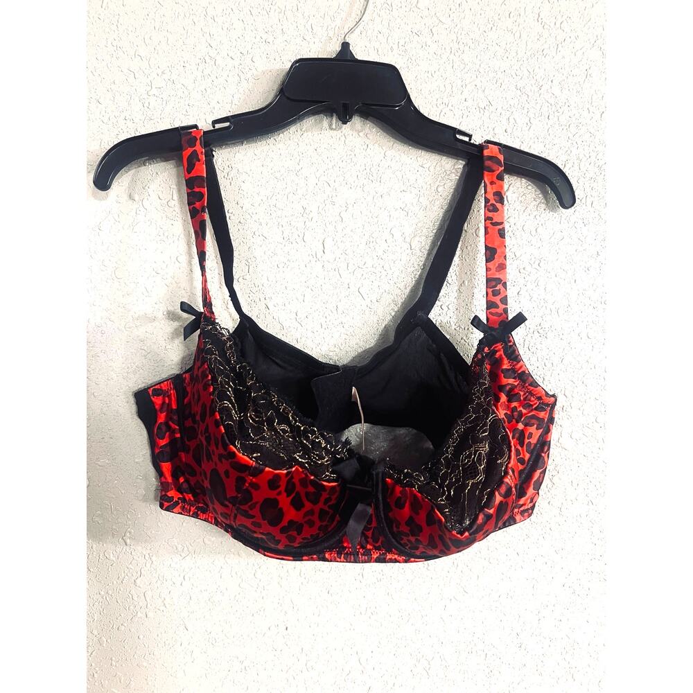 Lane Bryant Womens 42DDD Demi Bra Lace Trim Black red & gold Cheetah print Sexy